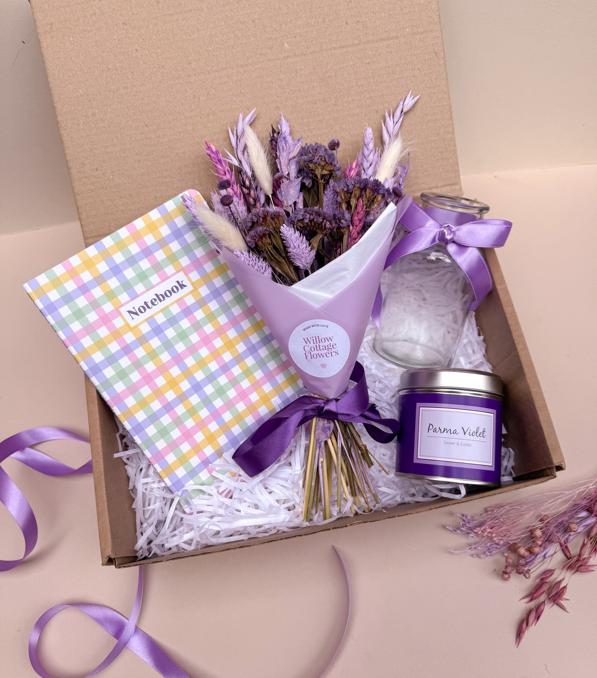 parma violet gift hamper with dried flowers and scented candle