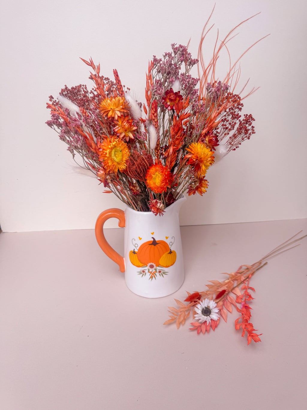 Autumn Dried Flower Arrangement with Pumpkin Jug Vase image 1