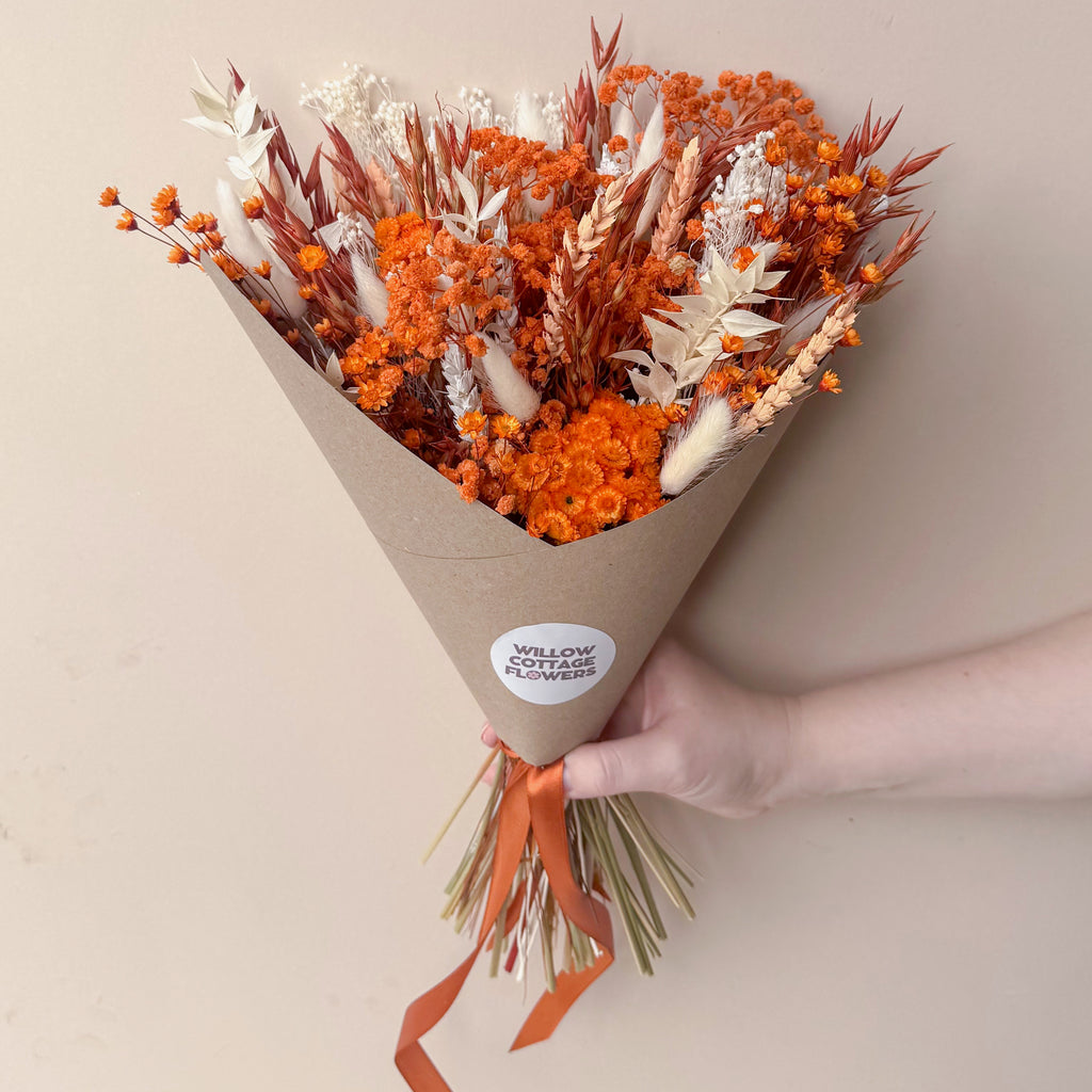 Burnt Orange and White Dried Flower Arrangement