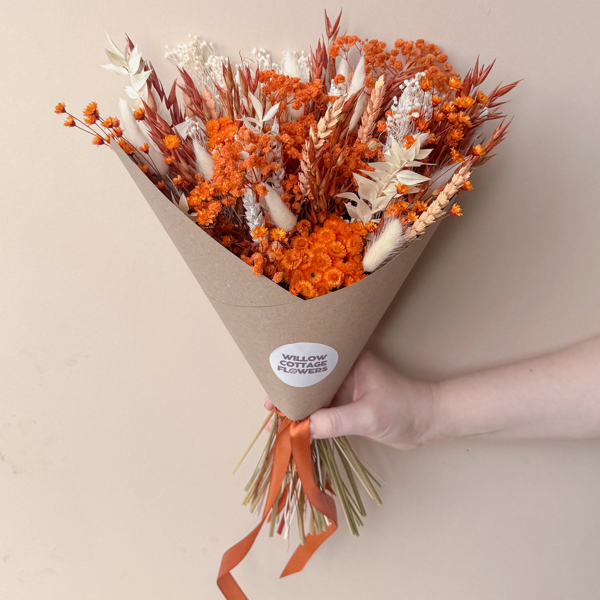 Burnt Orange and White Dried Flower Arrangement