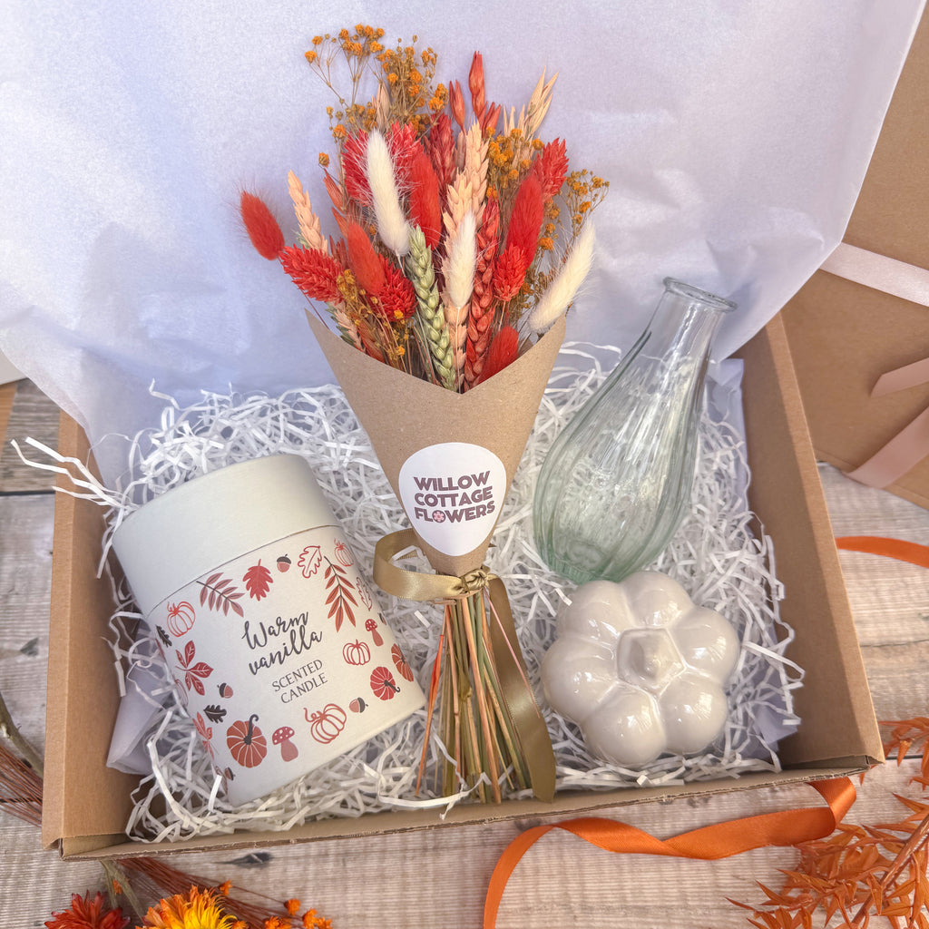 autumn vanilla gift set with orange dried flowers and pumpkin ornament