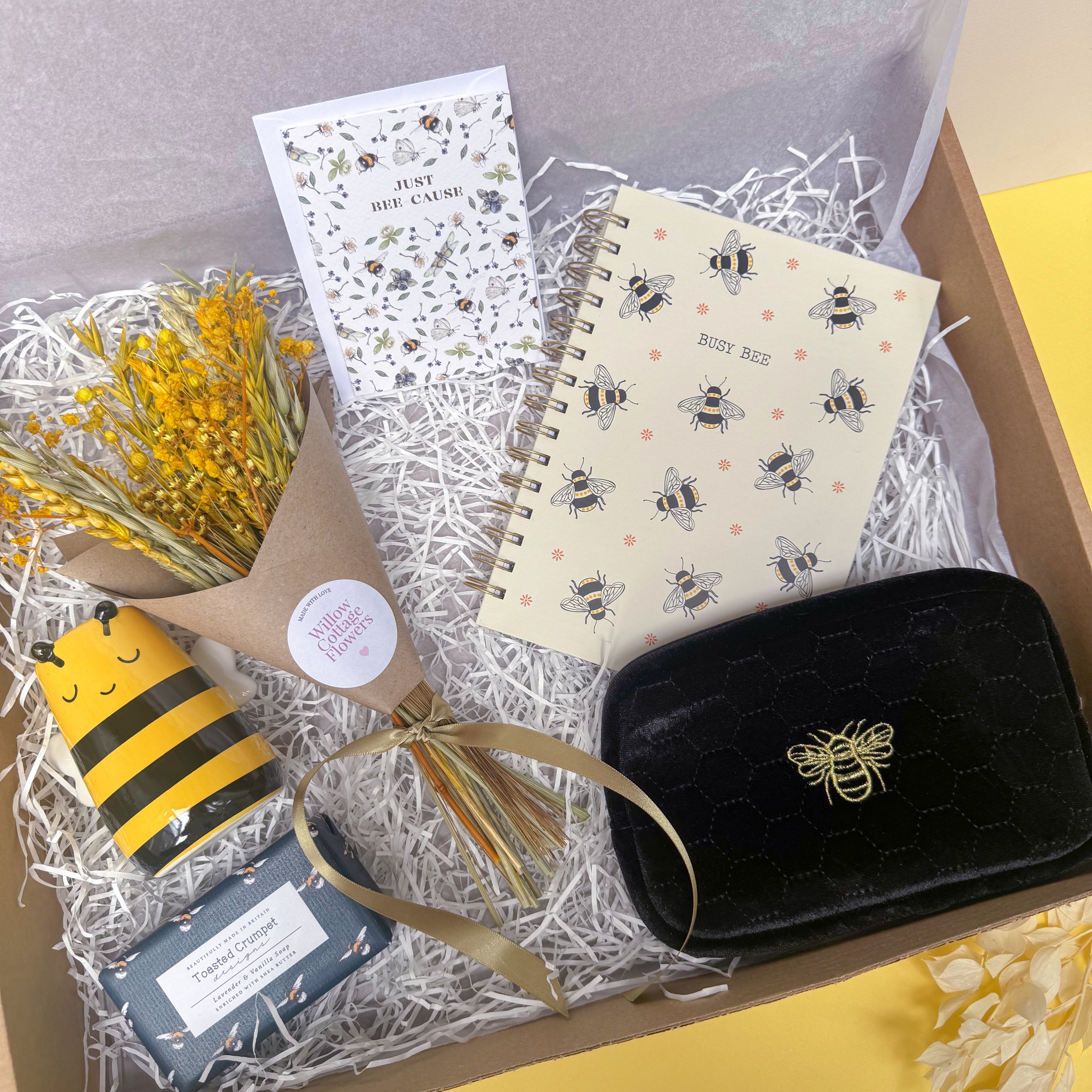 bee themed gift hamper with bee notebook, bee makeup bag, bee vase and dried flowers
