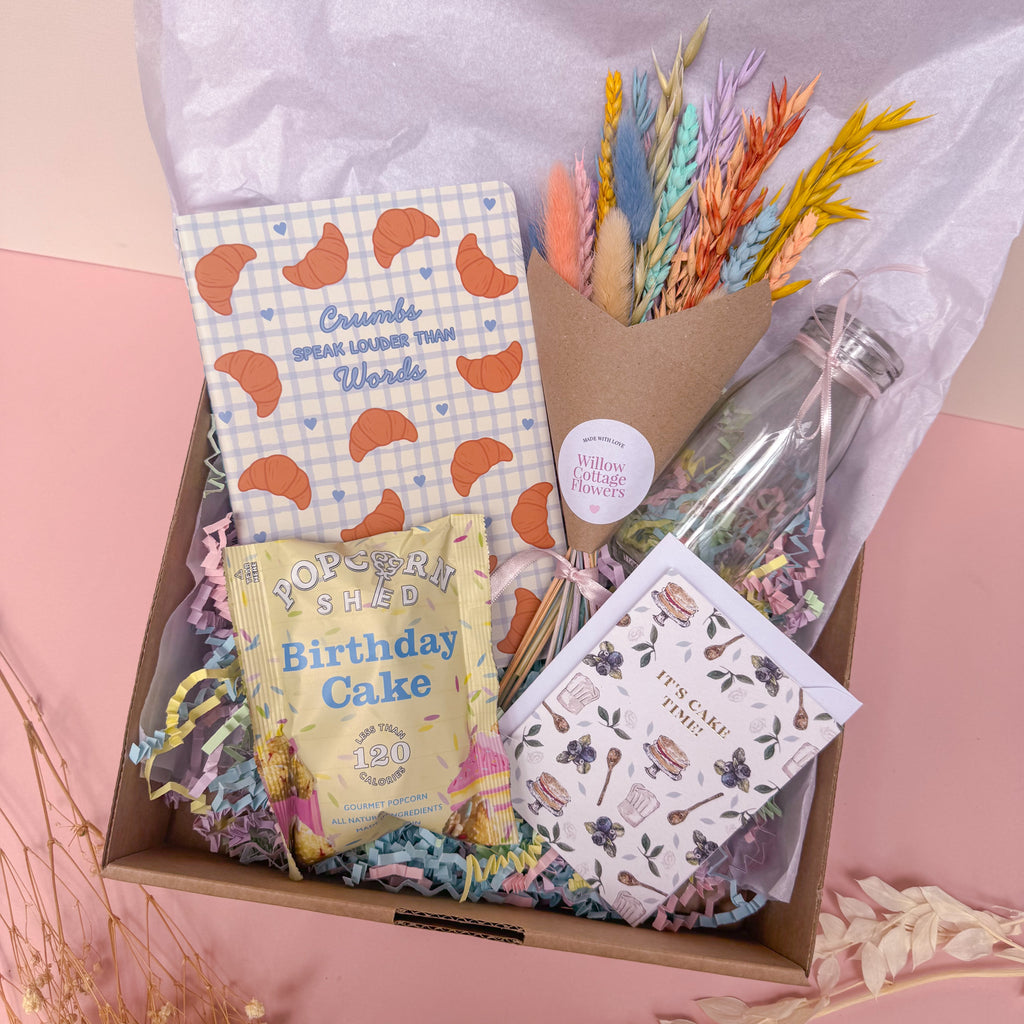 dried flower birthday cake themed gift hamper