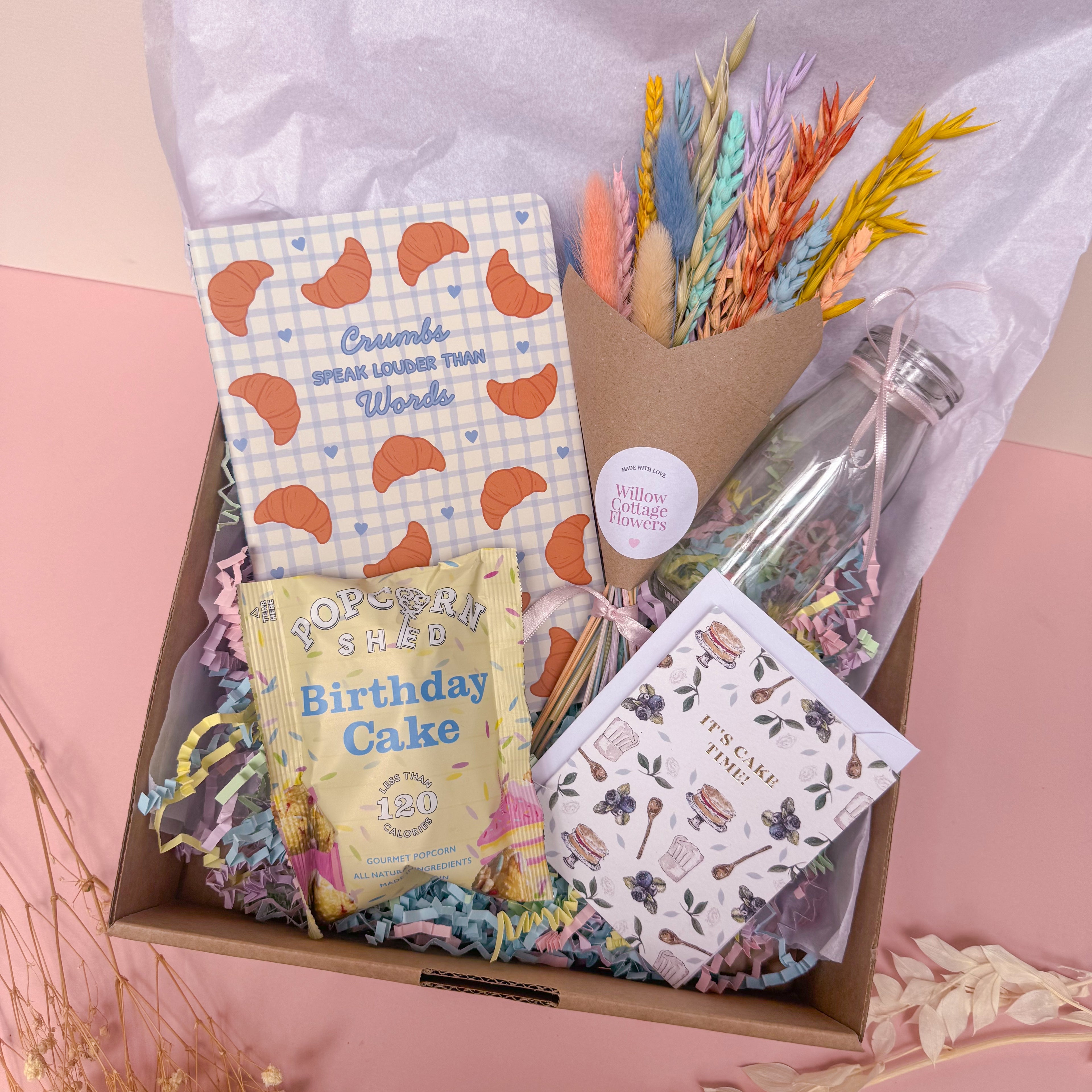 dried flower birthday cake themed gift hamper