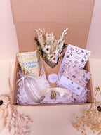 birthday cake theme gift box with dried flowers, notebook and popcorn