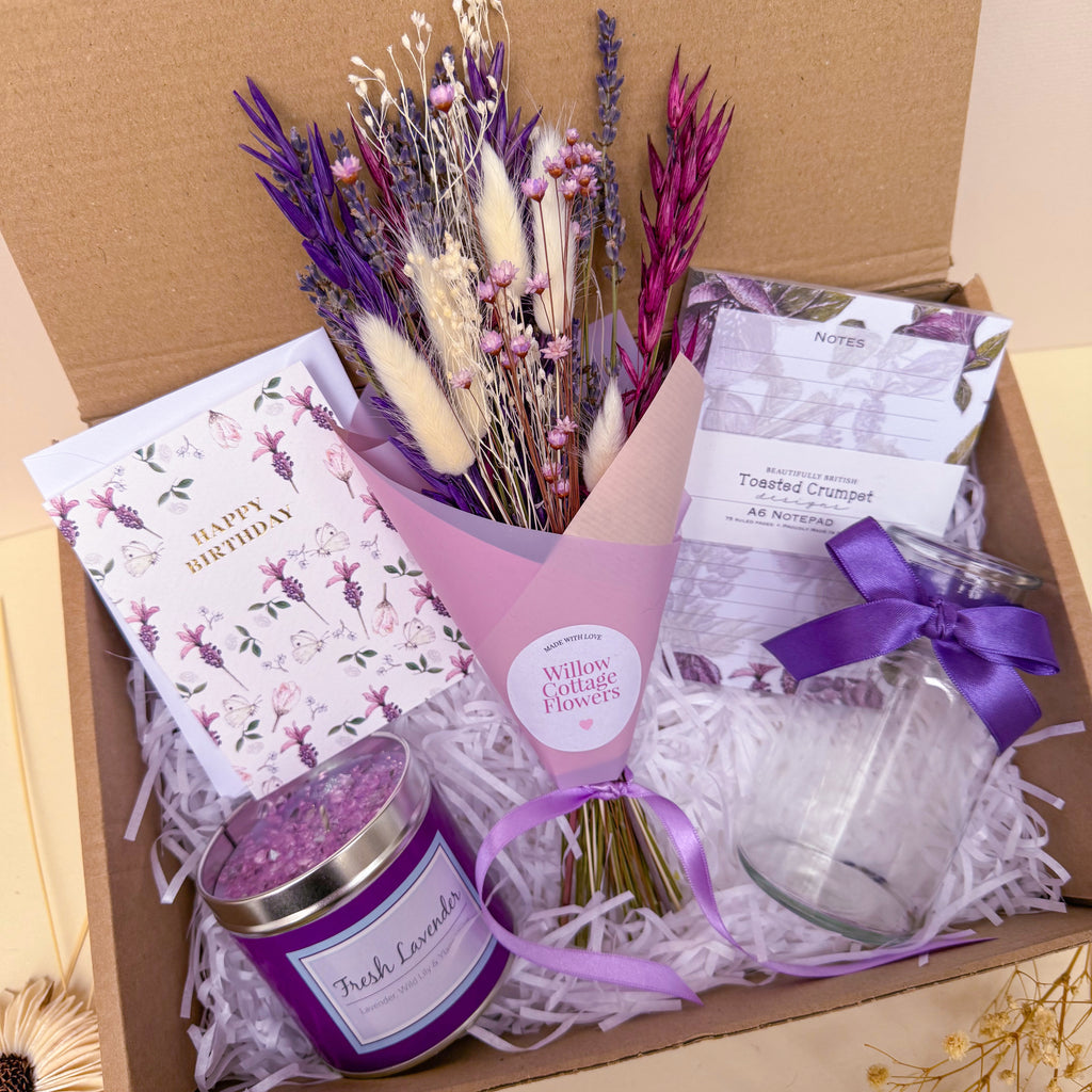 lavender gift box for birthday with dried flowers
