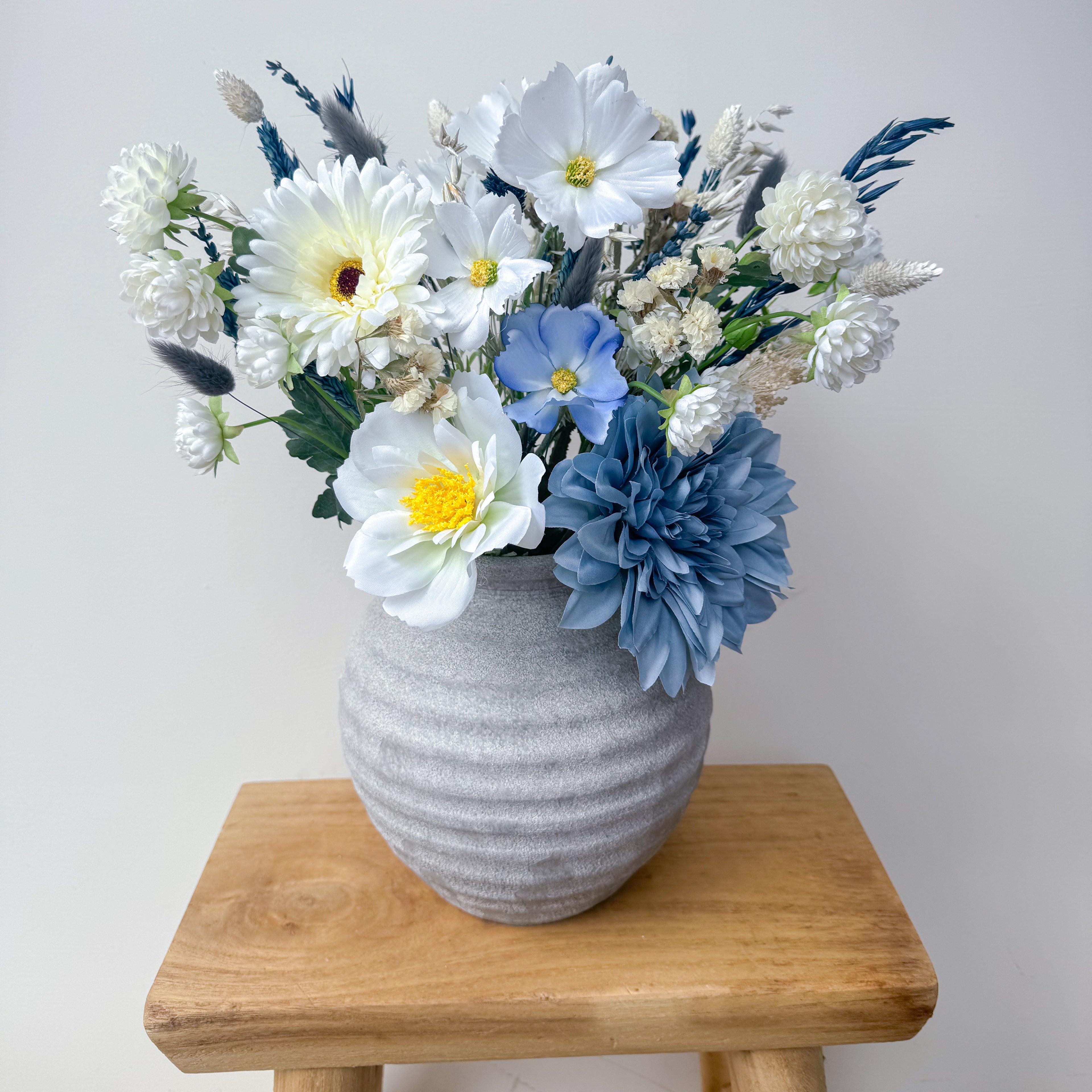 artificial cosmos daisy arrangement with faux chrysanthemums