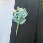 baby blue dried flower buttonhole with bunny tails