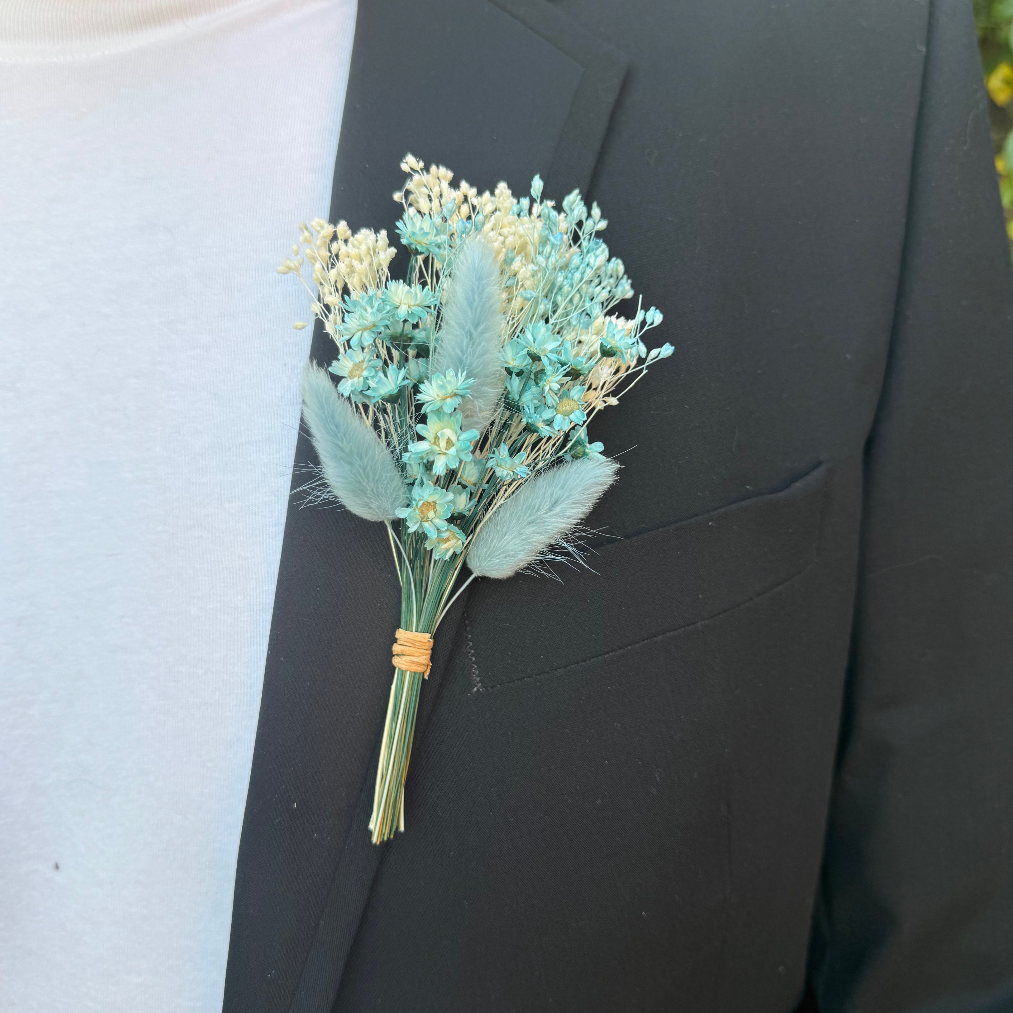 baby blue dried flower buttonhole with bunny tails