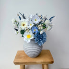 dusty blue faux bouquet with white artificial florals