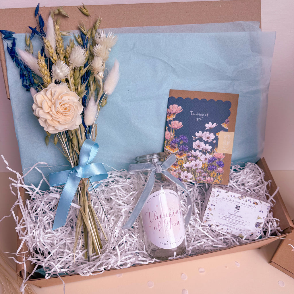 blue thinking of you gift set with dried flowers