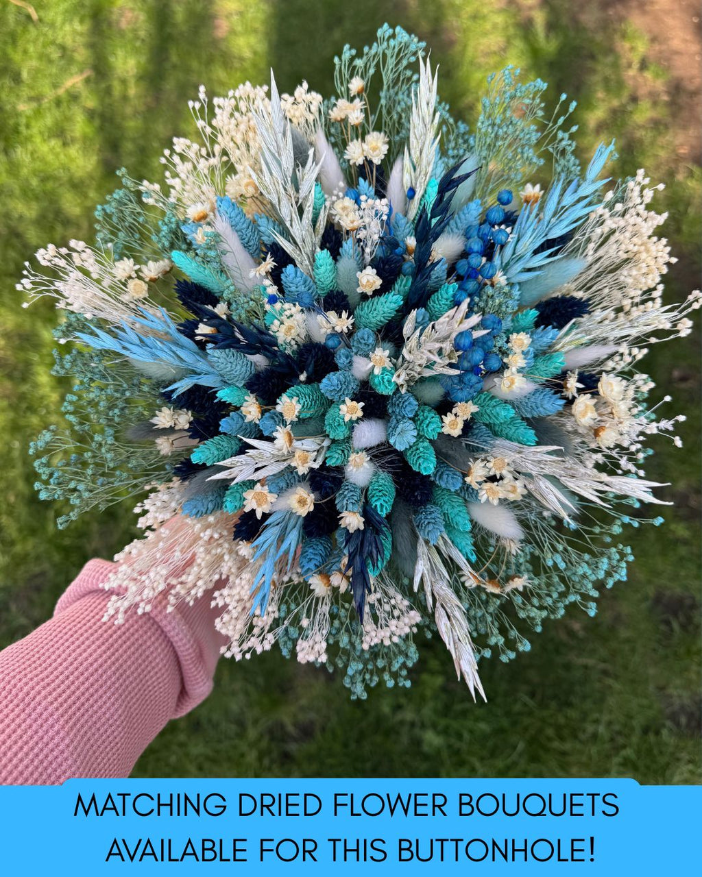 blue dried flower bouquet with matching buttonhole for wedding