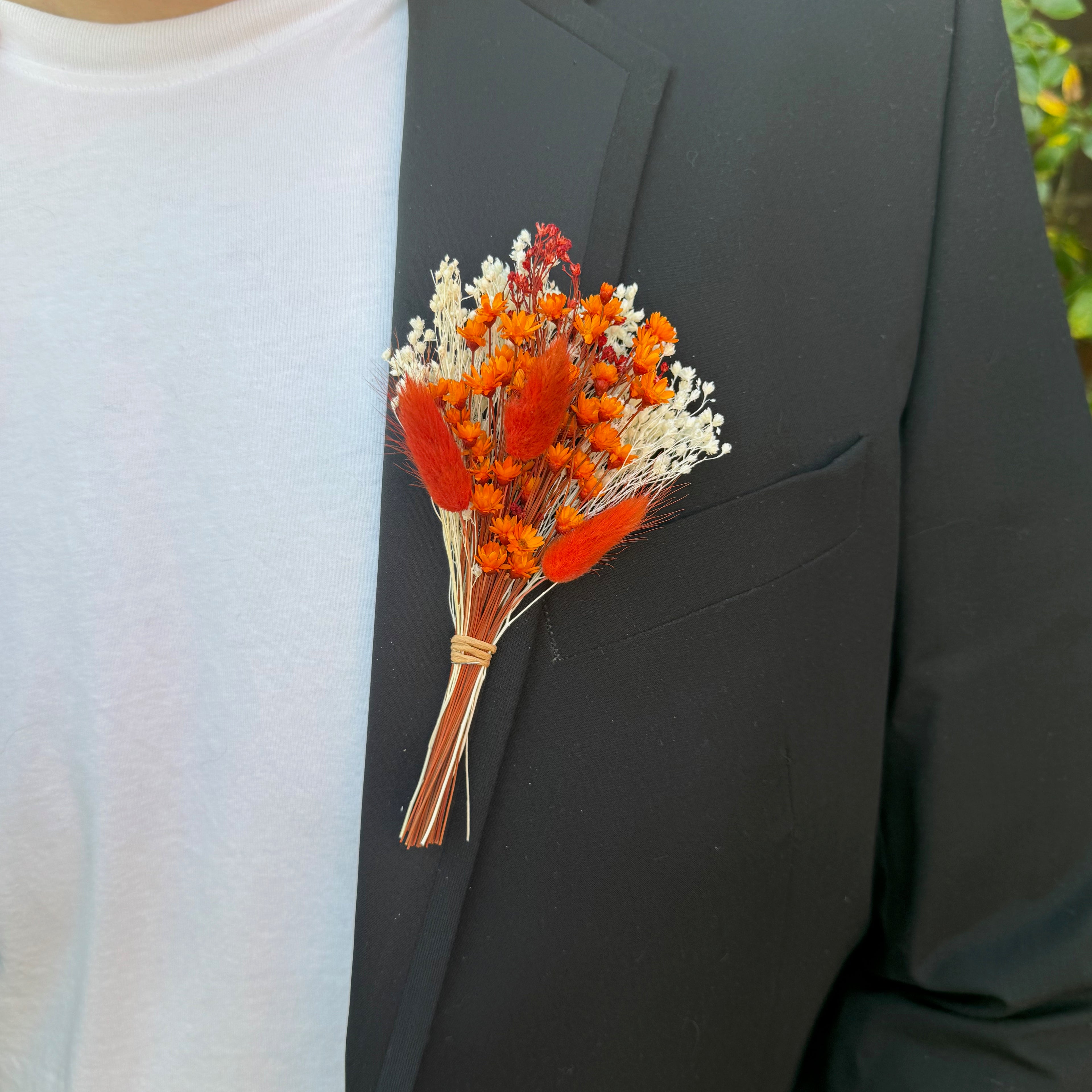 burnt orange dried flower buttonhole with bunny tails
