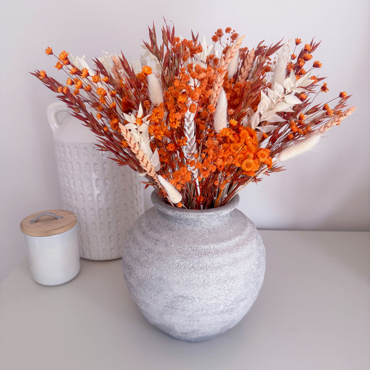 Burnt Orange and White Dried Flower Arrangement