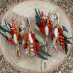 burnt orange and eucalyptus dried flower boutonniere for wedding