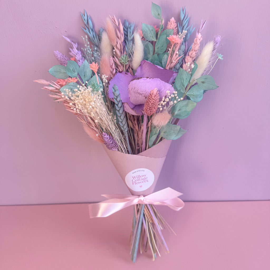 dried flower bouquet in lilac, pink and blue shades