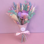 dried flower bouquet in lilac, pink and blue shades