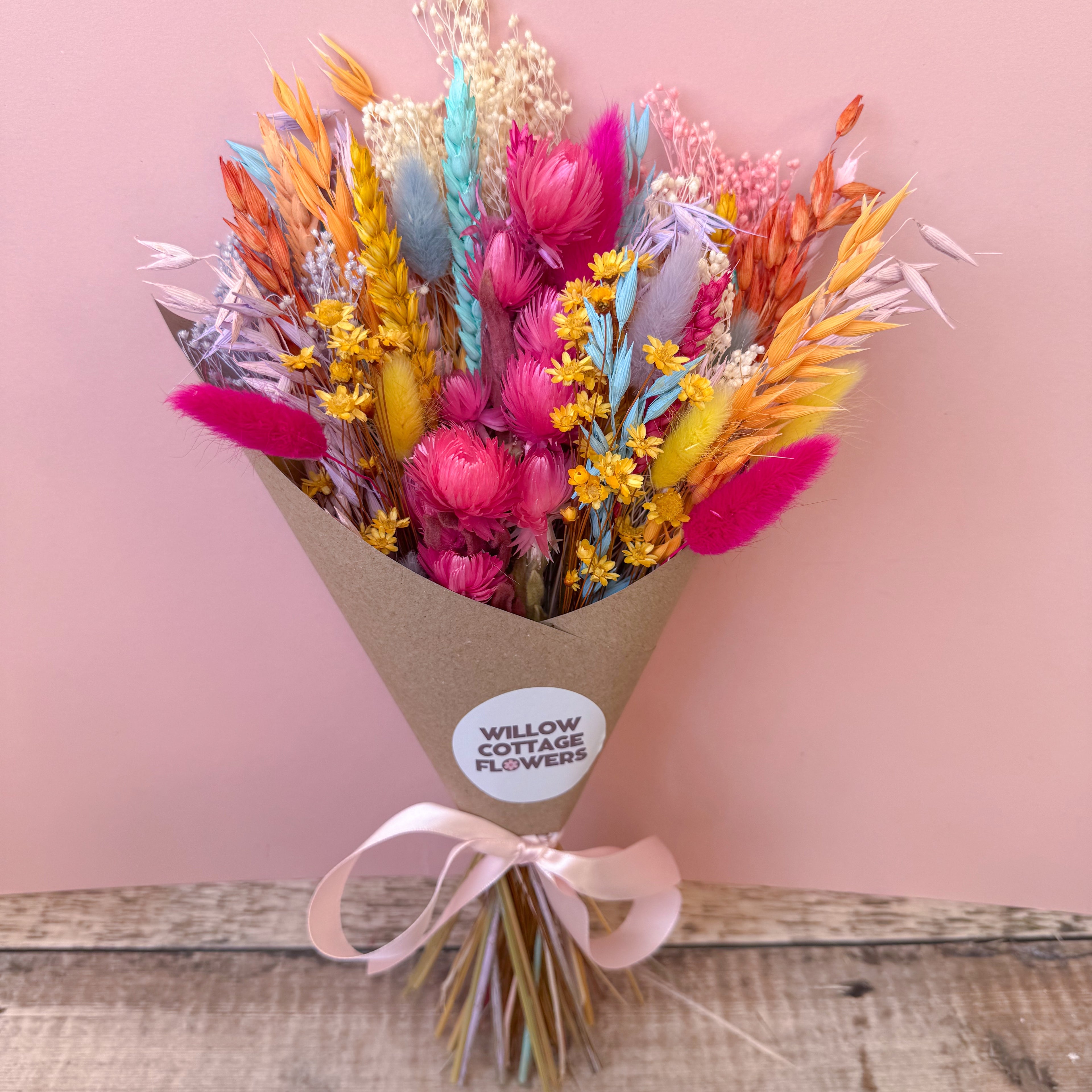 colourful rainbow dried flower arrangement