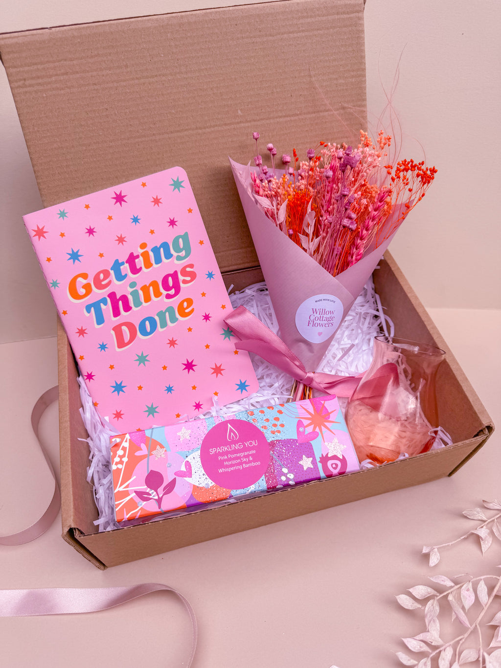 Pink Dried Flower Gift Hamper with Candles image 3