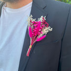 cerise dried flower buttonhole with bunny tails