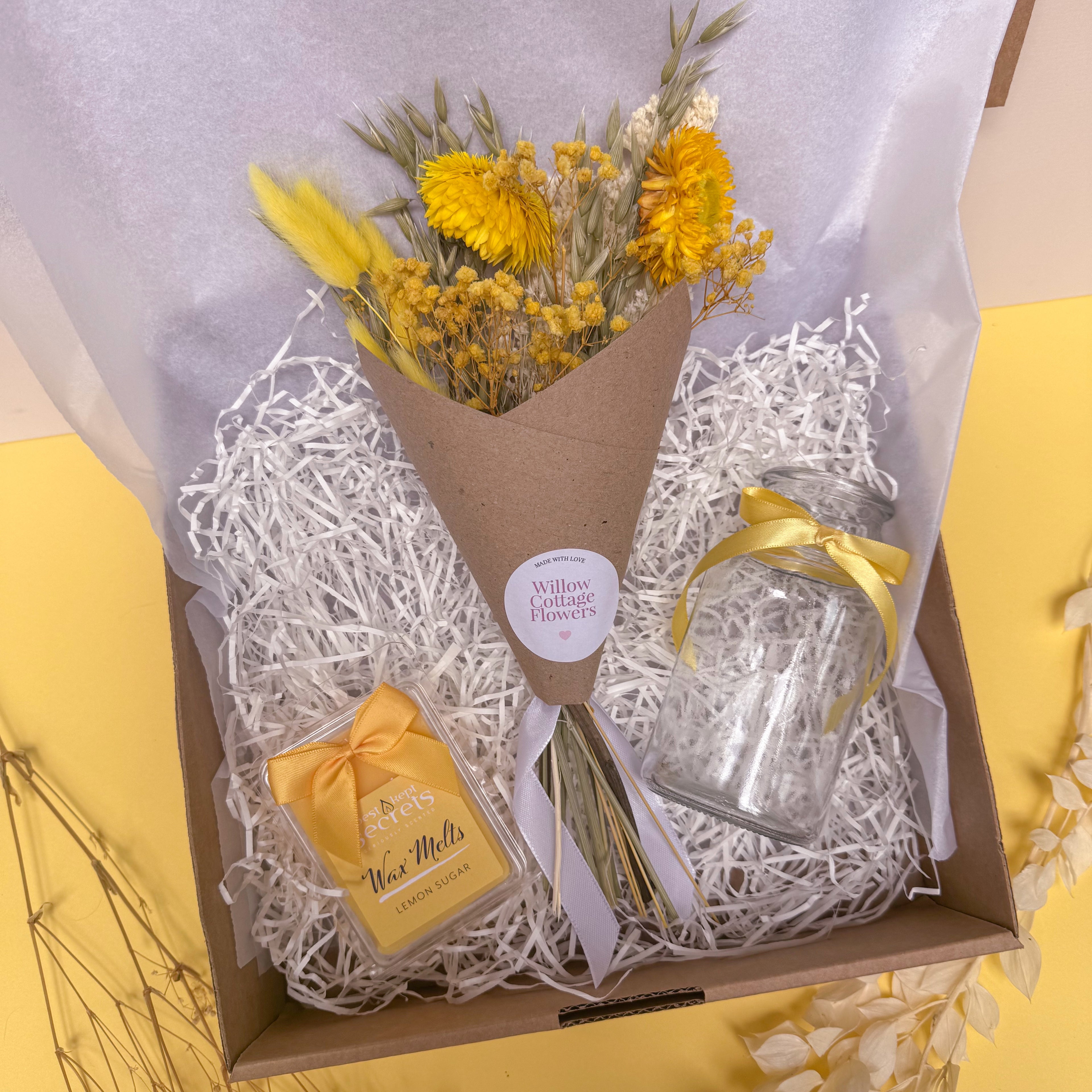 Lemon themed gift box with yellow dried florals
