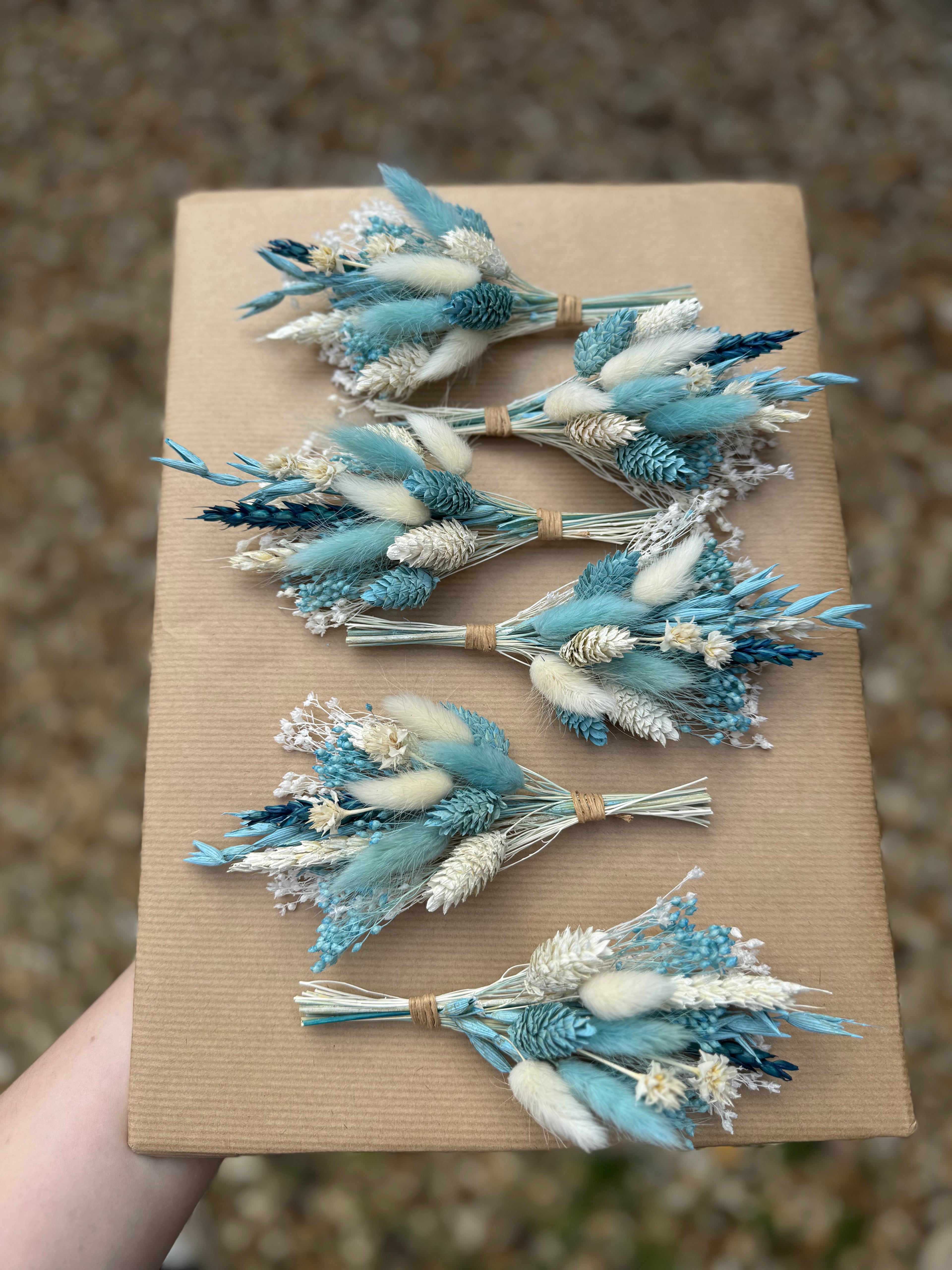 boho dried flower wedding buttonhole in blue, white and navy