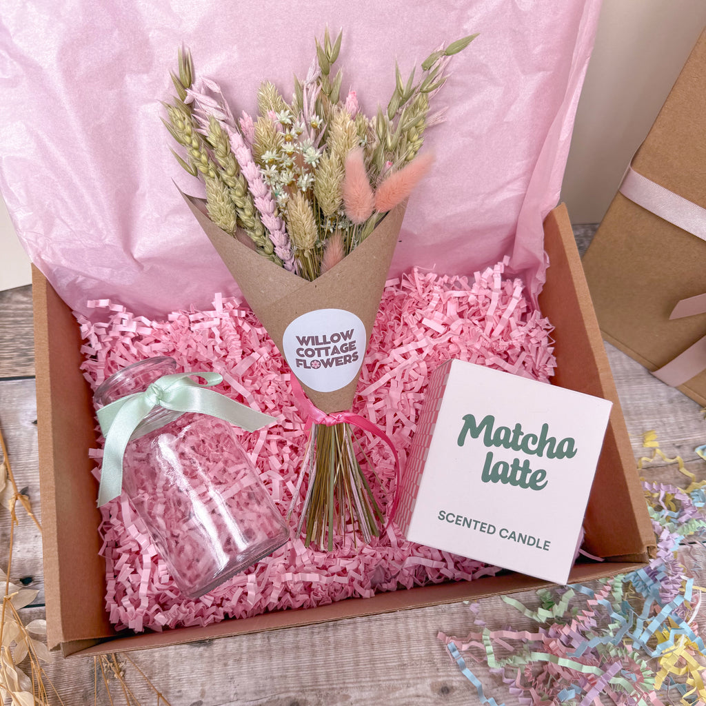 green dried flower gift hamper with matcha latte candle