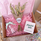 green dried flower gift hamper with matcha latte candle