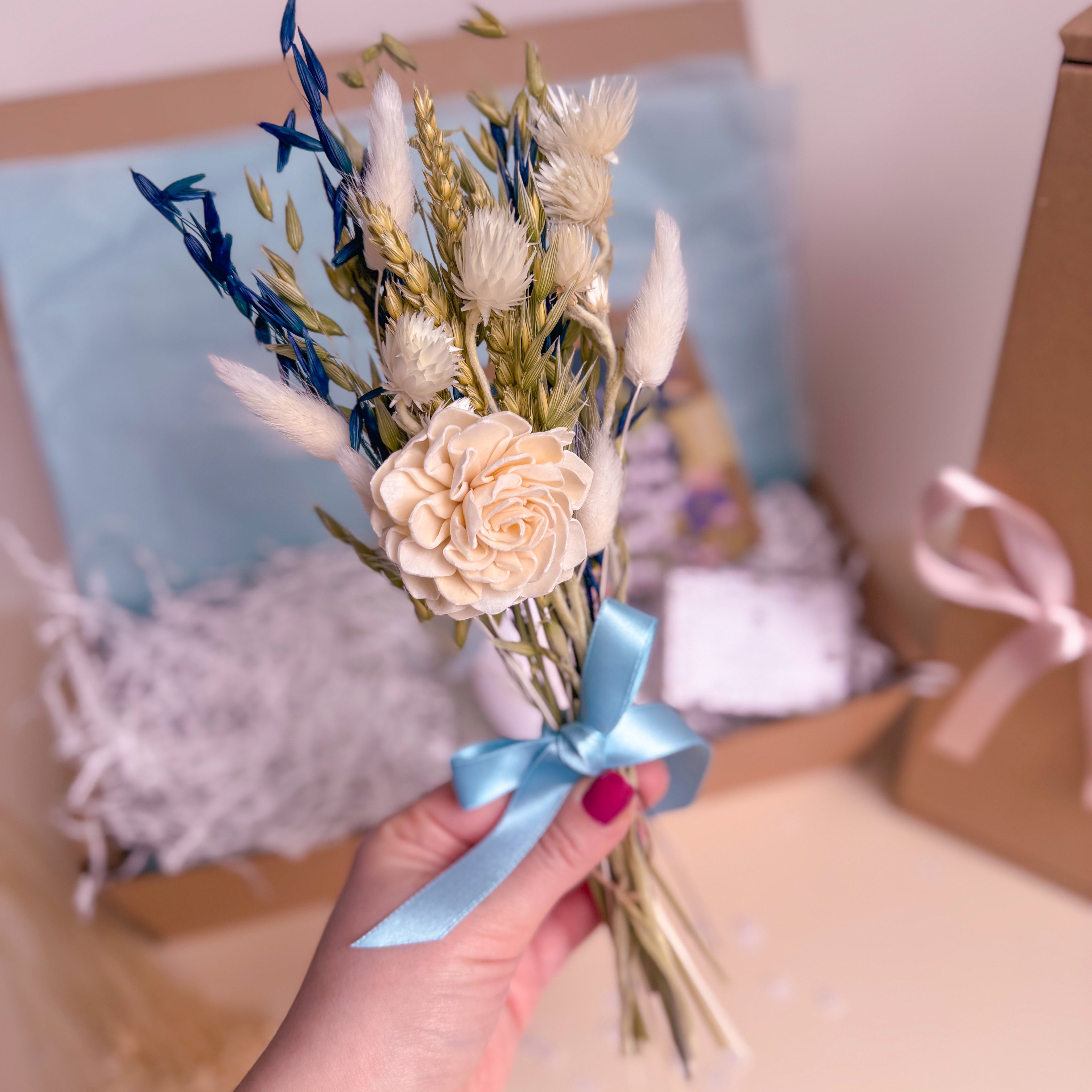 mini bunch of blue and white dried florals