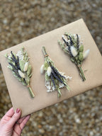 natural lavender and green dried flower buttonhole