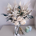 white bridal bouquet with preserved eucalyptus