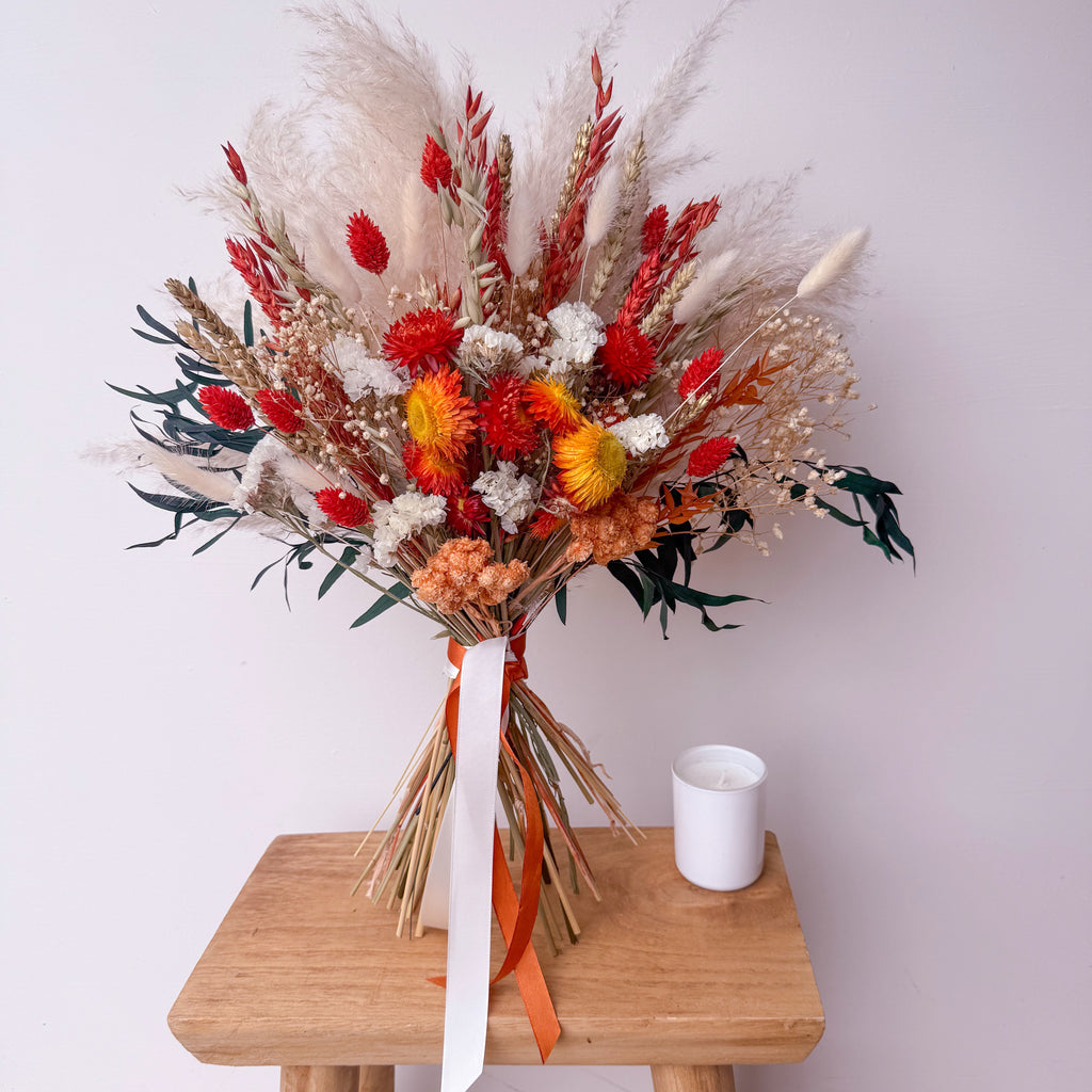 autumn dried floral arrangement with preserved eucalyptus