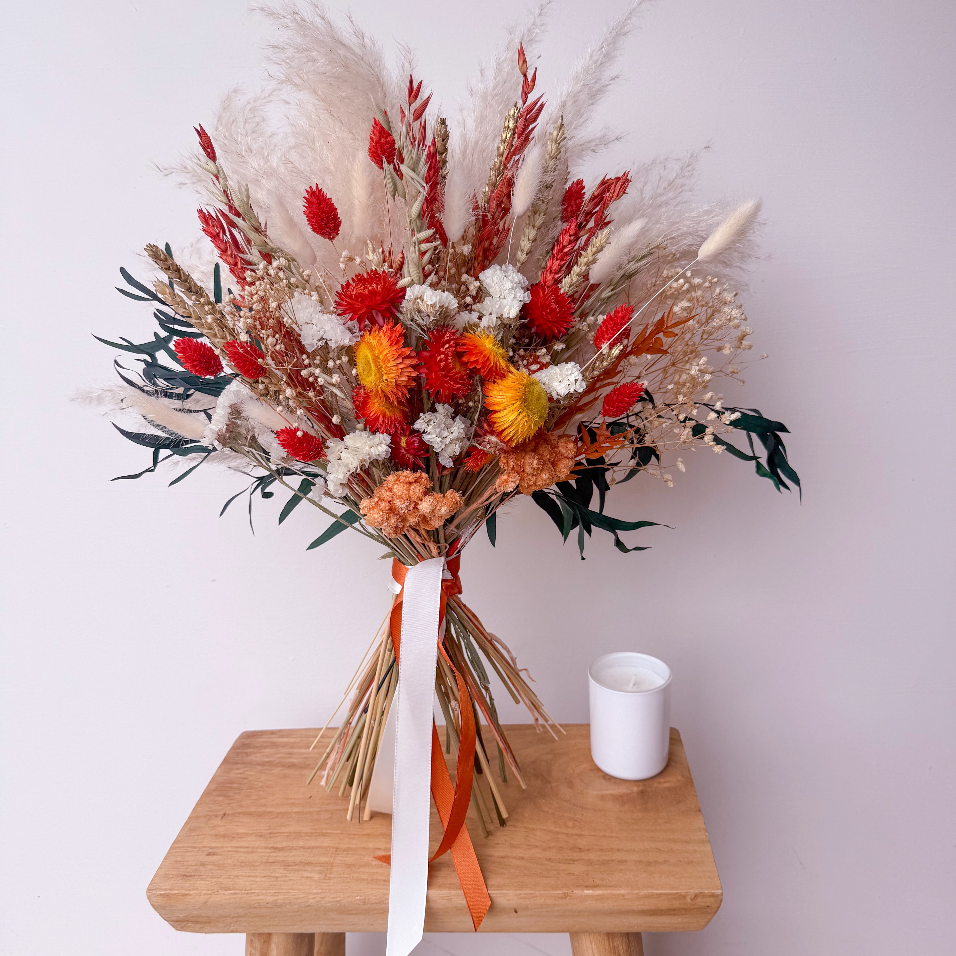 autumn dried floral arrangement with preserved eucalyptus