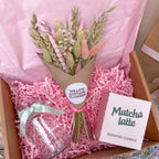 a gift box by willow cottage flowers with a matcha latte candle, mini dried flower bunch and glass vase