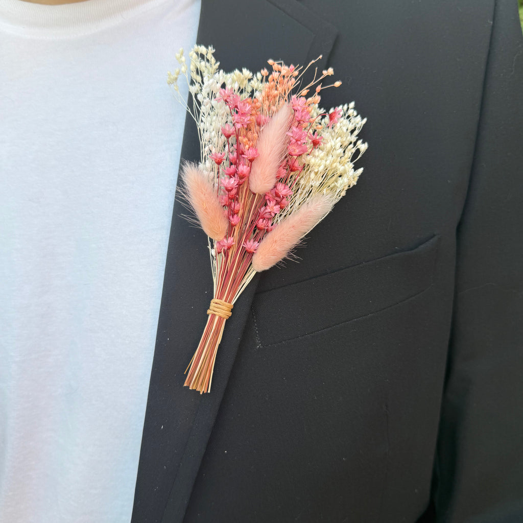 baby pink dried flower buttonhole with bunny tails