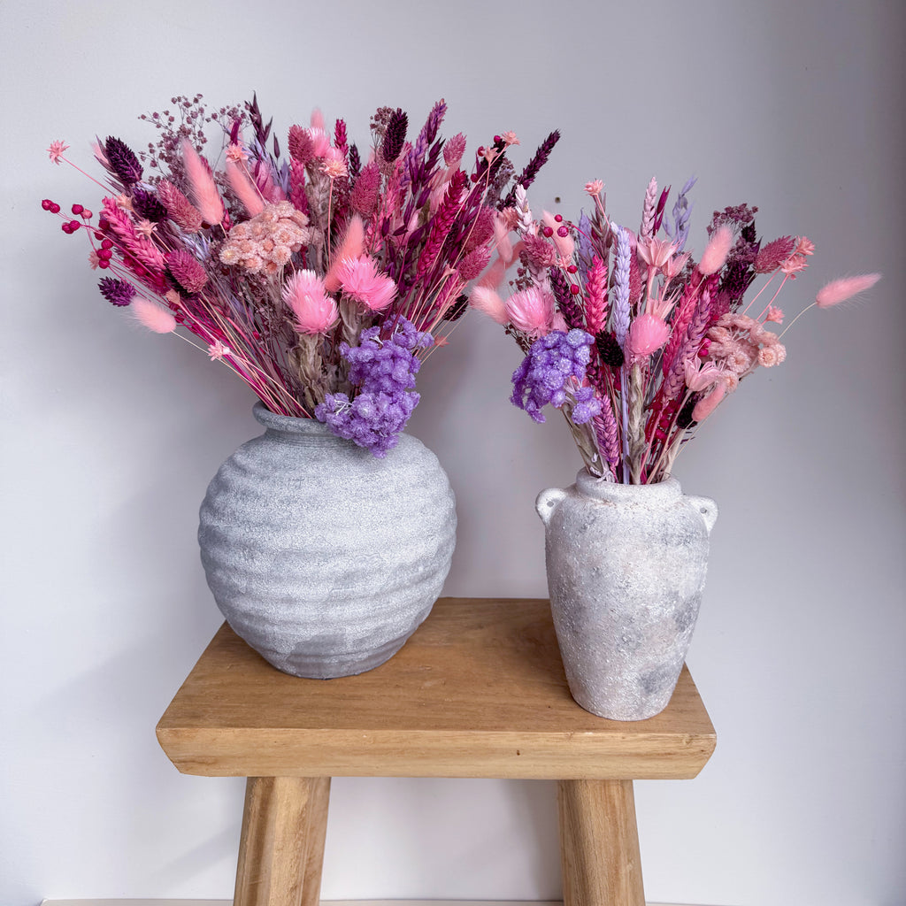 bold pink and purple dried flower arrangement