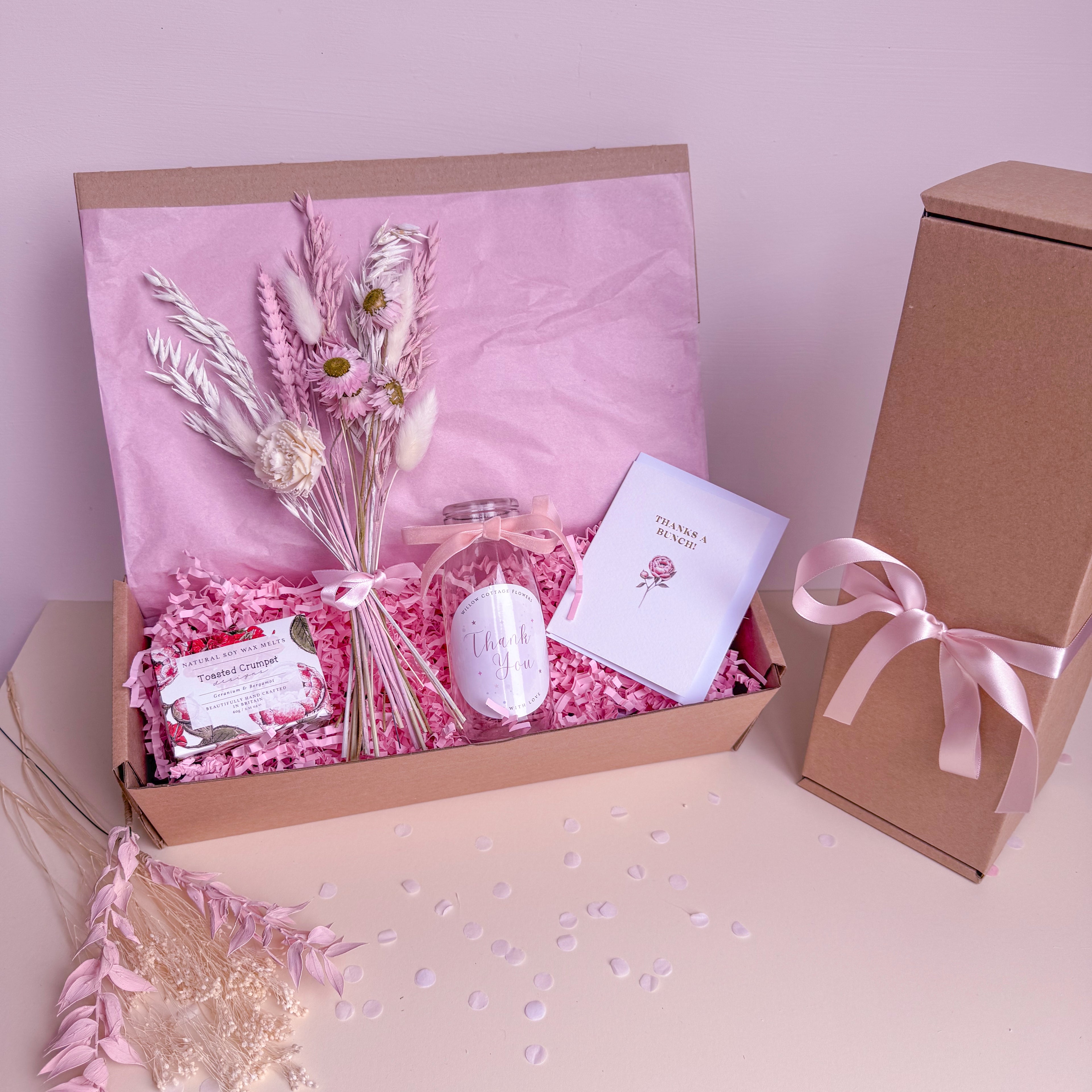 gift box with dried flowers, card and wax melts as a thank you
