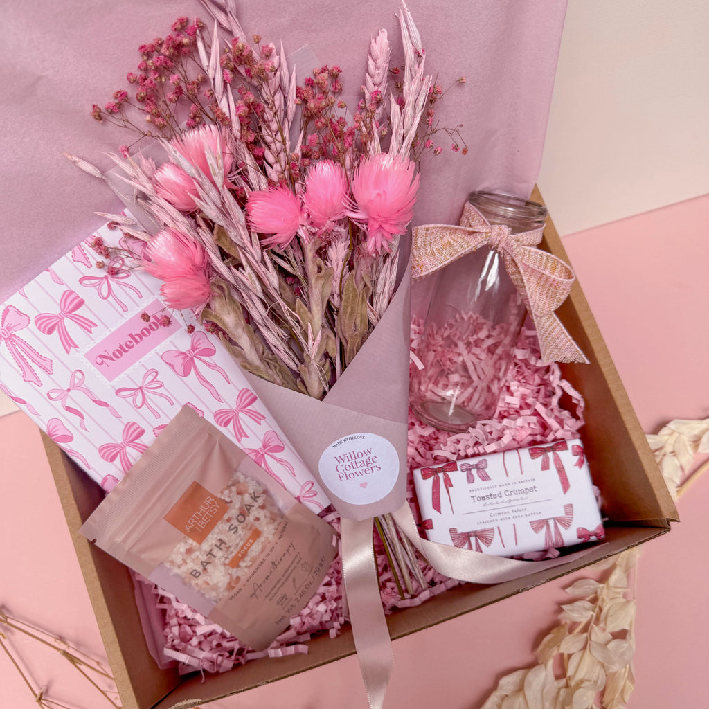 pamper hamper with bath salts, soap and dried flowers for her