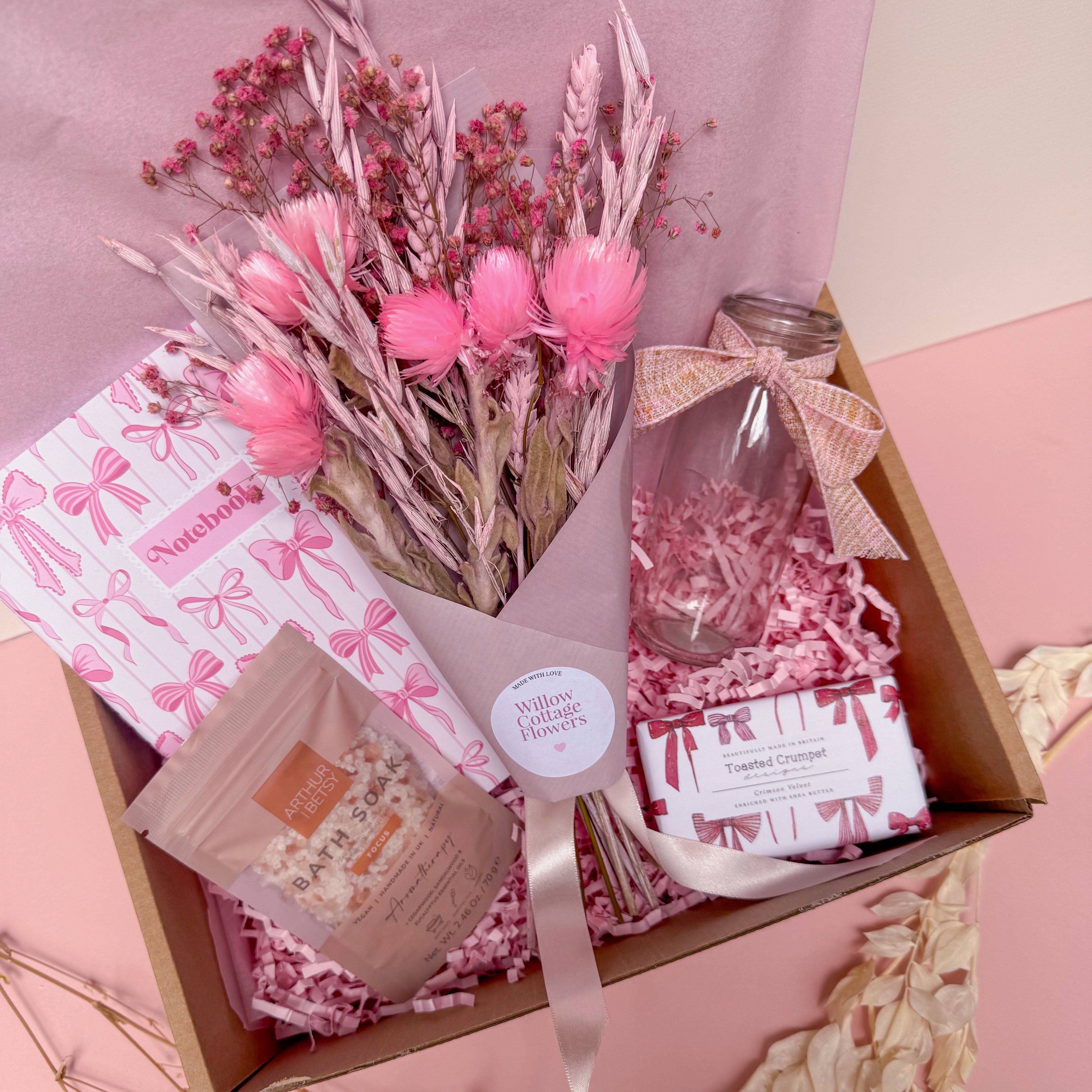 pamper hamper with bath salts, soap and dried flowers for her