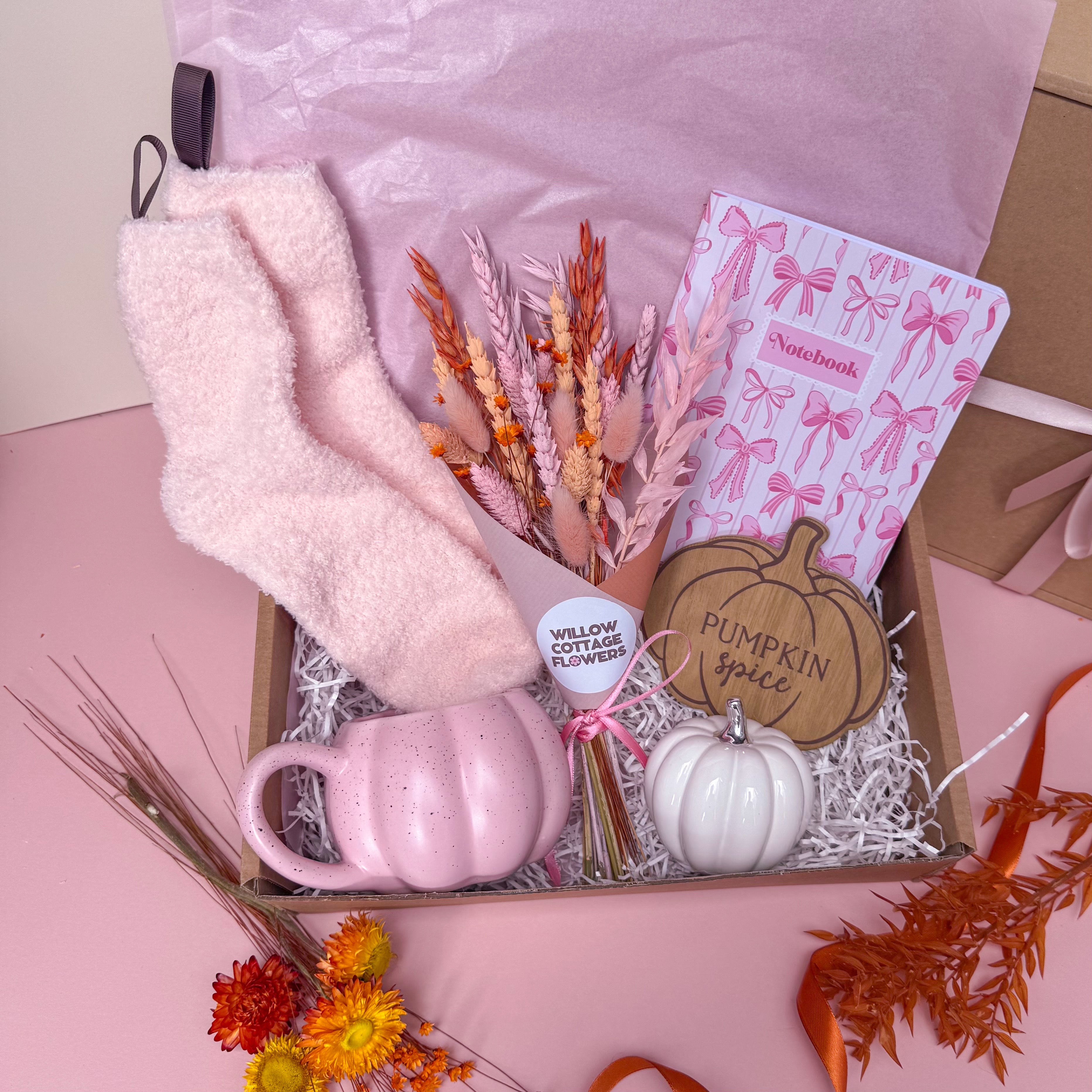 pink themed pumpkin gift set for autumn gifting