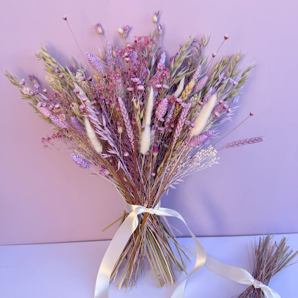 whimsical dried flowers in lilac and green