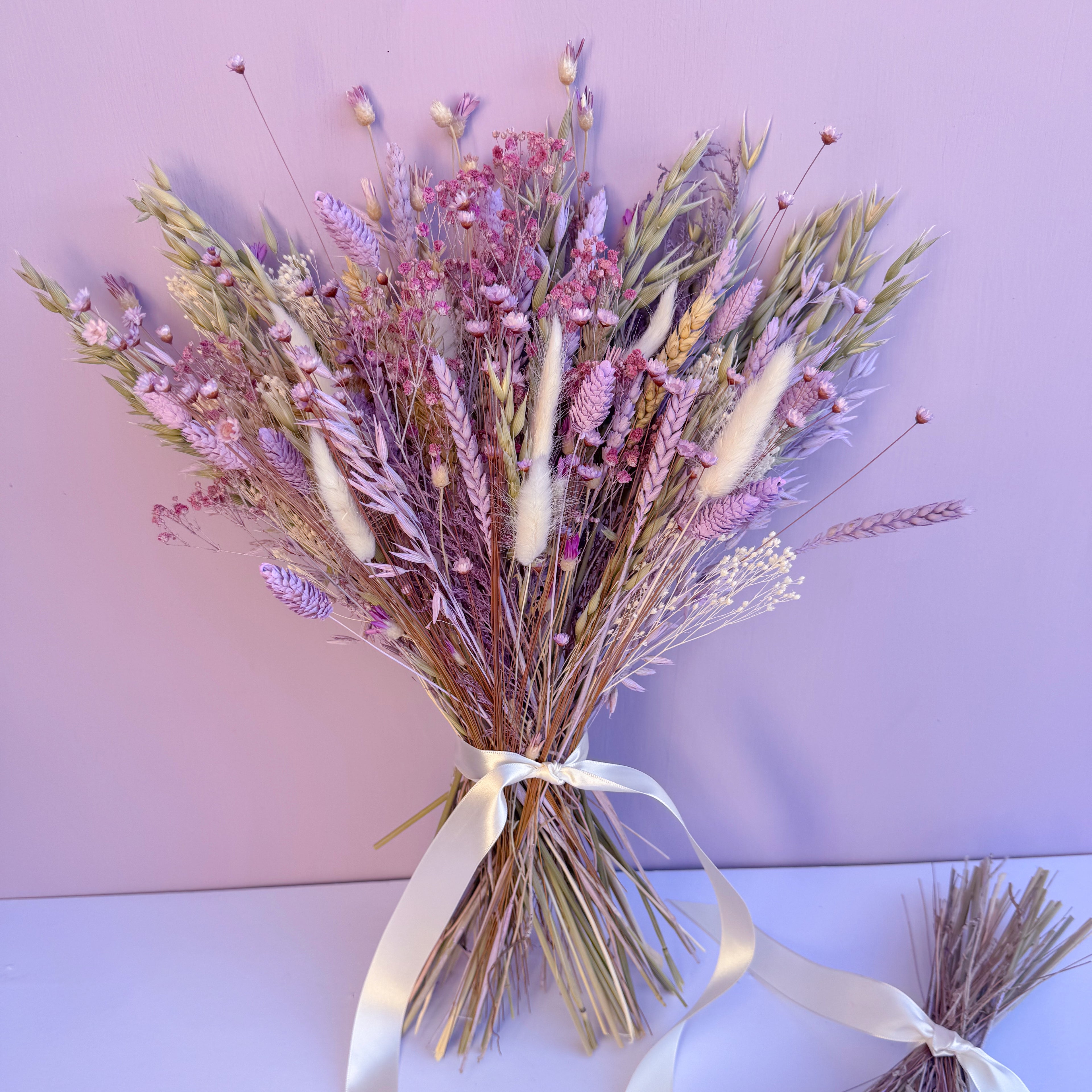 whimsical dried flowers in lilac and green