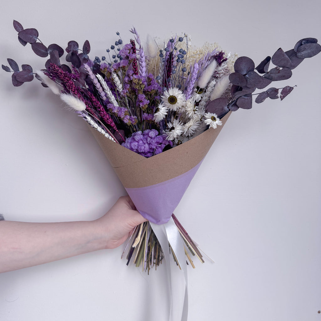 mixed shades of purple dried flower bouquet