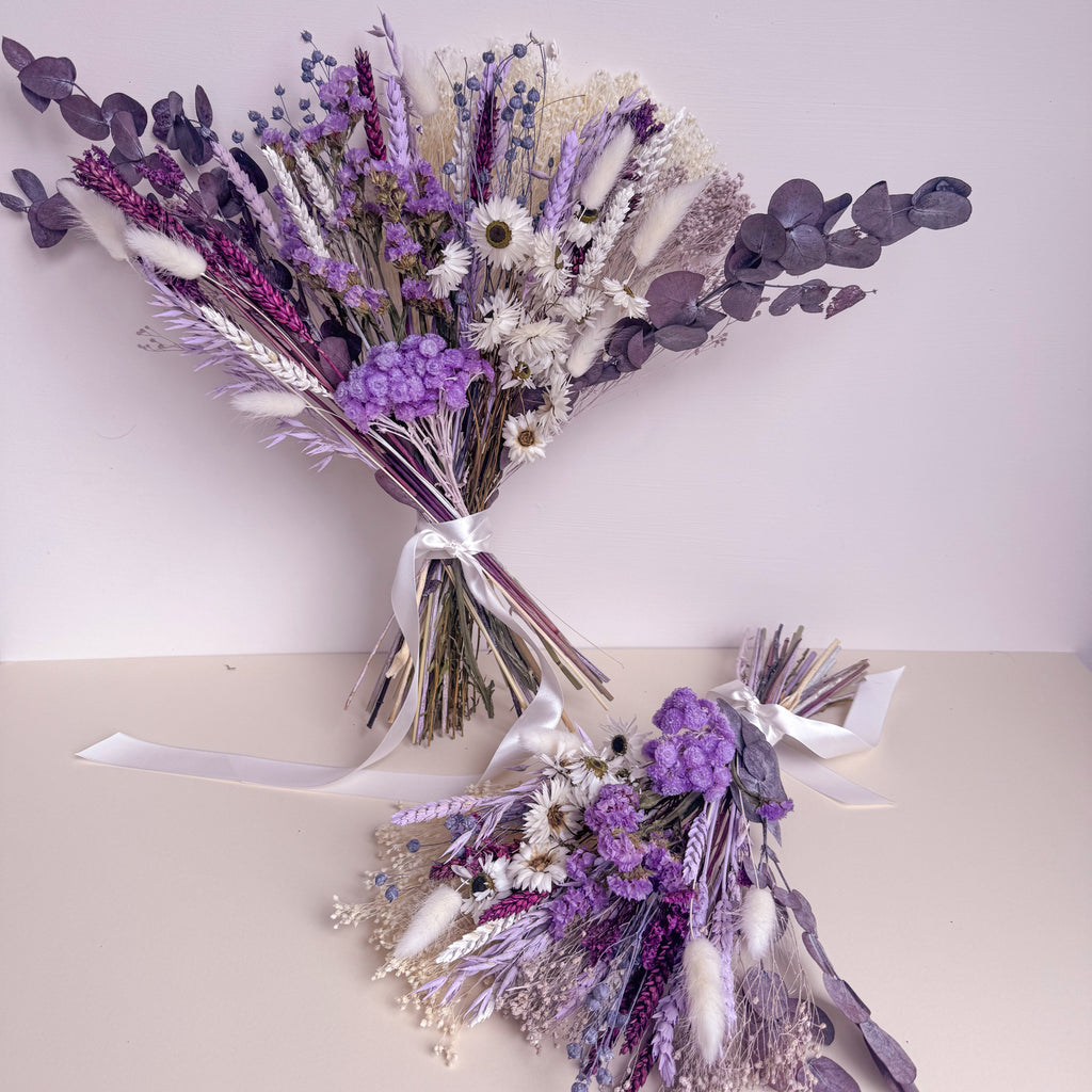 dried flower bouquet in standard and small size with purple wheat, white daisies and purple eucalyptus