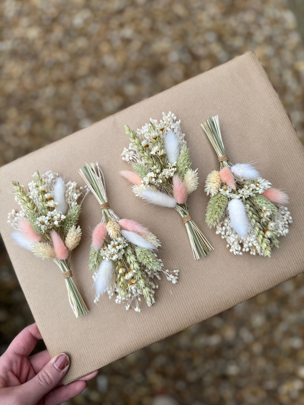 sage green and pink dried flower buttonhole
