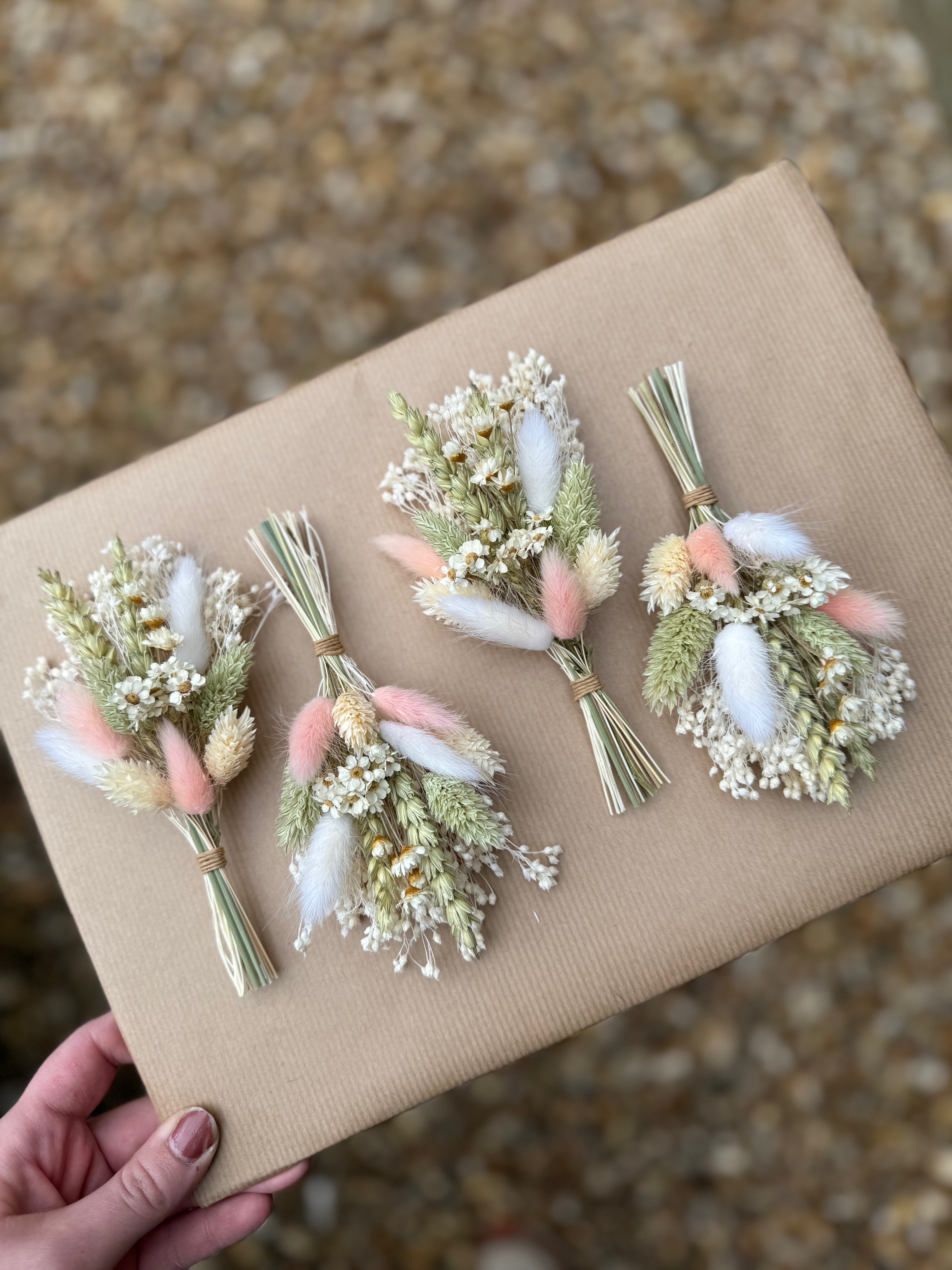 sage green and pink dried flower buttonhole