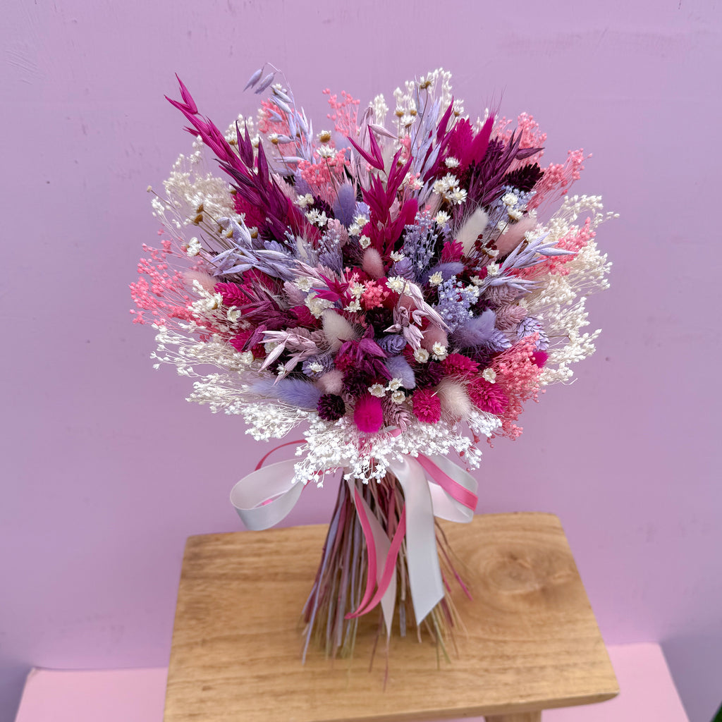 pink, lilac and white dried flower bouquet