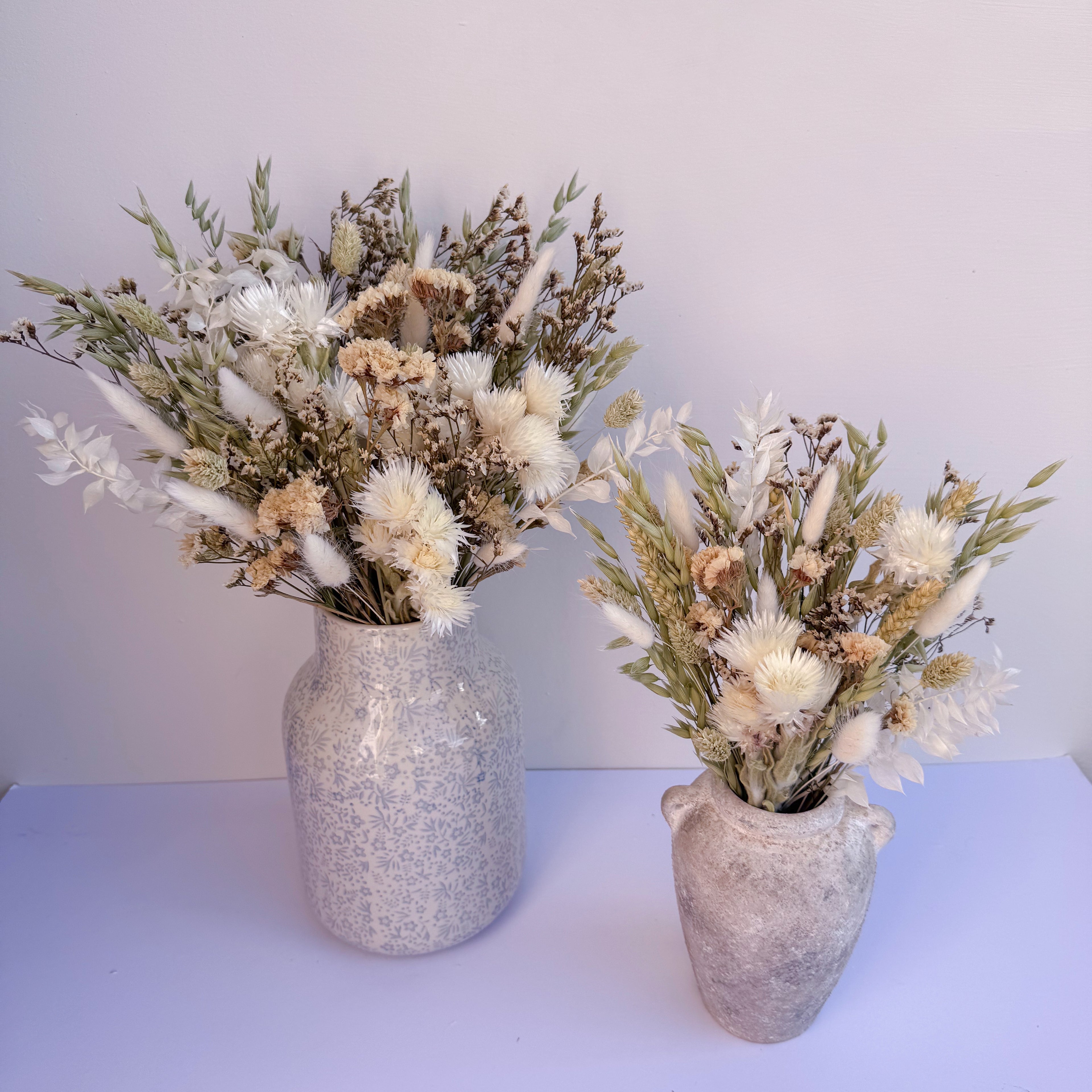 natural dried florals with bunny tails and statice