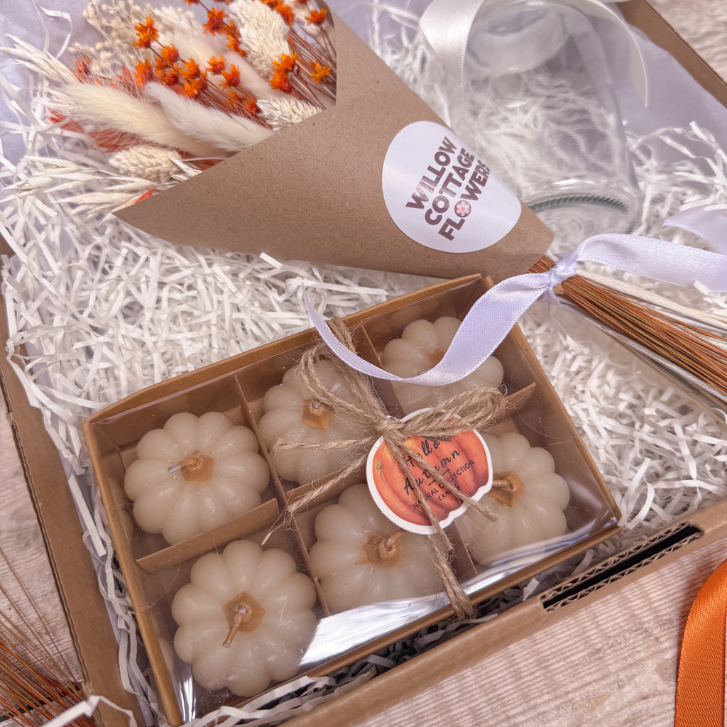 a gift box of 6 mini white pumpkin tea light candles