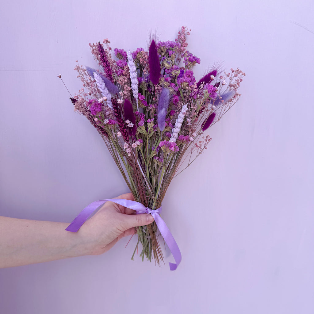 plum dried flower arrangement with statice and gypsophila